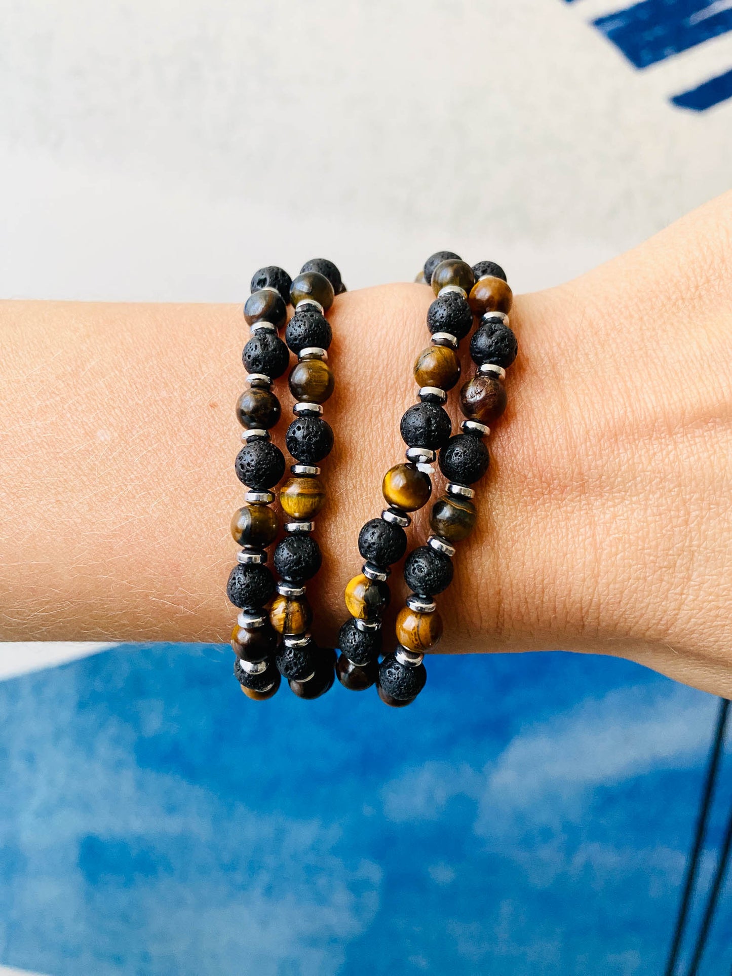 Bracciale Occhio di Tigre e Pietra Lavica – 6mm | Protezione, Coraggio e Aromaterapia Naturale